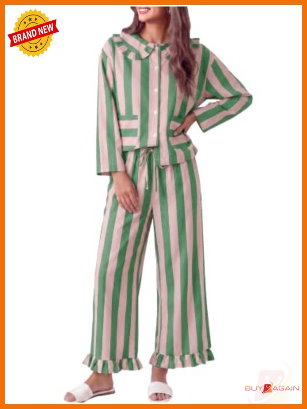 Women's Striped Long Sleeve Pajama Button Up Lounge Set with Wide Leg Pants